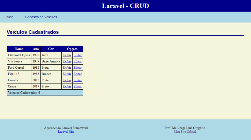 laravel, listagem de veículos